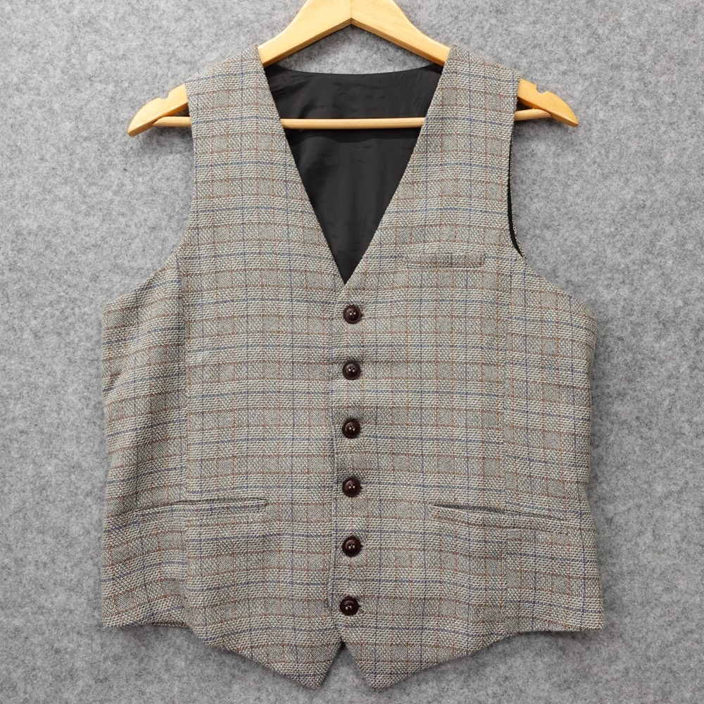 VOBOOM Windowpane Check Tweed Vest‎ Mens SMALL Gray Blue Waistcoat Buckle Back